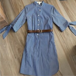 Michael Kors Striped Shirt Dress with Belt and Tie Detail